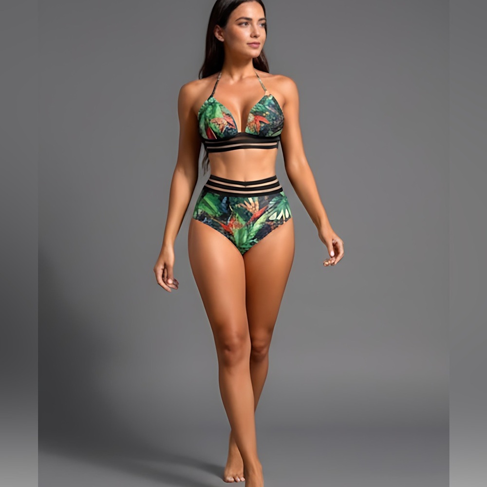 Tropical Print Mesh Trim High Waist Bikini Swimsuit